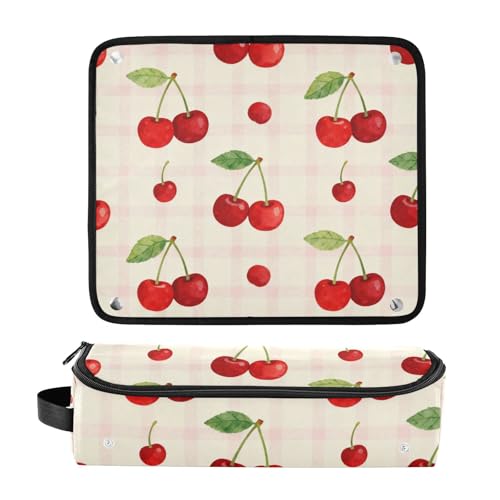 Bolso de viaje para herramientas de cabello para mujer con tapete térmico removible resistente al calor, impermeable, organizador de viaje para planchas, rizadores y secadores de cabello, con diseño de cereza fresca y patrón rosa a cuadros miniatura 3