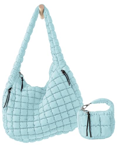 Image of Large Quilted Puffer Tote Bag for Women with Mini Pouch Puffy Crossbody Bags Purse Hobo Puff Shoulder Carryall Gym Travel
