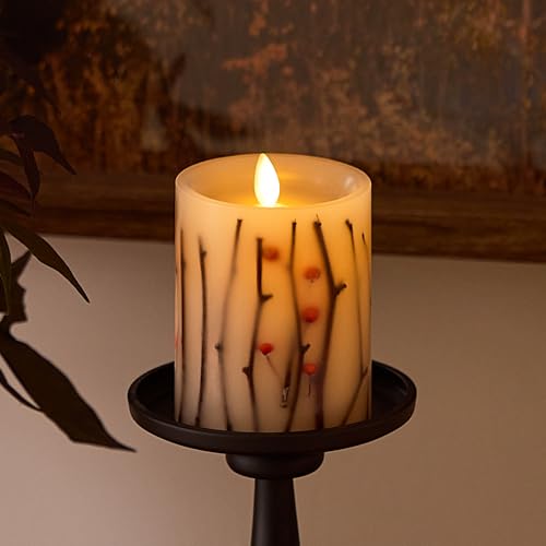 Image of Luminara - Flameless Flickering Moving Flame Battery Operated Unscented Candle LED Decor & Gift- Embedded Pillar Collection (Orange Berries & Twigs, 3.2 inch x 4.5 inch)