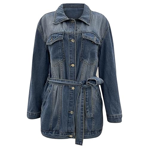Women's Mid Length Casual Slim Fit Turn Down Denim Jacket With Waist Belt Long Jean4