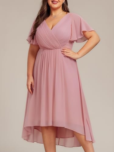 Image of Ever-Pretty Plus Women's Cocktail Party Dress Short Sleeves V Neck A Line Chiffon Maxi Plus Size Wedding Guest Dresses
