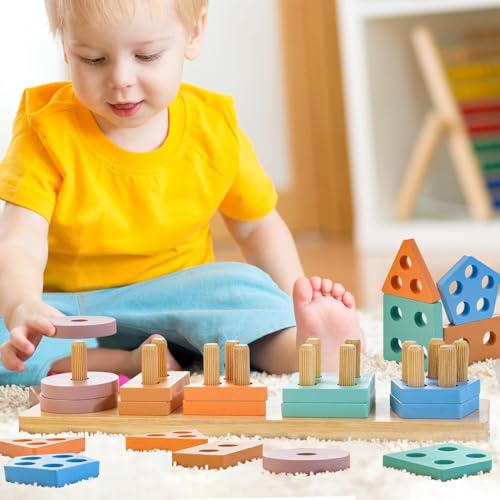 Image of PLUSPOINT Wooden Sorting & Stacking Toy, Colour Recognition Shape Sorter Puzzle Montessori Educational Learning Toy for Girls Boys Children Age 1 2 3 Activity Puzzle Blocks Column Set for Kids