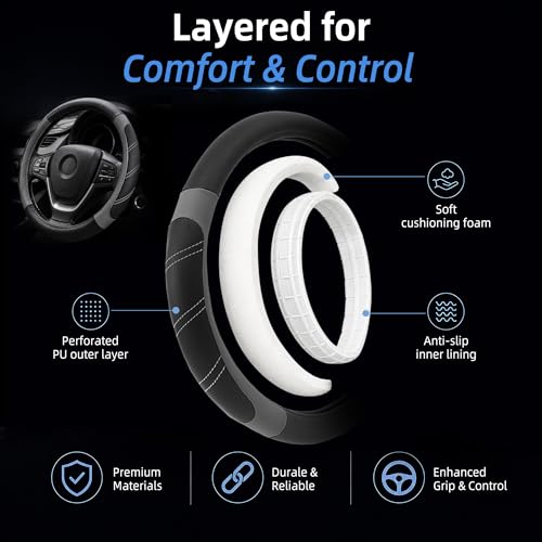 Image of Elantrip Leather Large Steering Wheel Cover 14 1 /2 inch to 15 inch Universal, Soft Grip Breathable for Car Truck SUV Jeep Anti Slip Gray