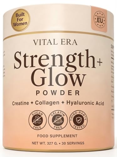 Vital Era Strength + Glow 8 in 1 Blend with Creatine monohydrate Powder Peptan Collagen Powder Biotin Hyaluronic Acid Vitamin C Magnesium Calcium Zinc. Creatine for Women