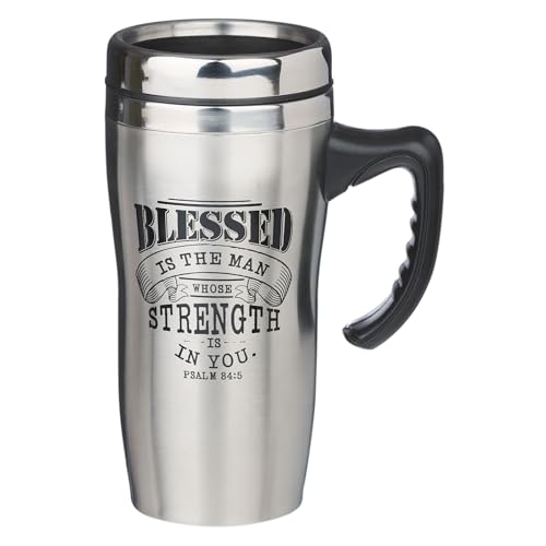 Christian Art Gifts Stainless Steel Travel Mug Double-Wall Vacuum Insulated Coffee Cup with Lid and Handle 16 oz BPA-free Lead-free Eco-Friendly Mug - Blessed Is The Man - Psalm 84:5
