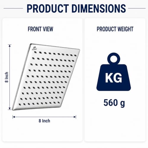 Image of Maipo Curve 8 Inch Square Rain Shower Head, Stainless Steel (SS) High Pressure Overhead Bathroom Shower Head, Chrome Finish, Anti-Clog Silicone Nozzles, Easy Installation