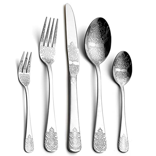 Flatware Set 50 Piece Silverware Set for 10, Decorative Carved Pattern Food-Grade Stainless Steel Halloween Essentials Christmas