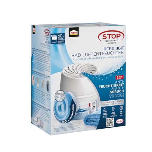 Pattex AERO 360° Luftentfeuchter für das Badezimmer, Raumentfeuchter für effektive Luftzirkulation, Raumluftentfeuchter reduziert überschüssige Feuchtigkeit, 1 Gerät inkl. 1 Nachfüll Tab