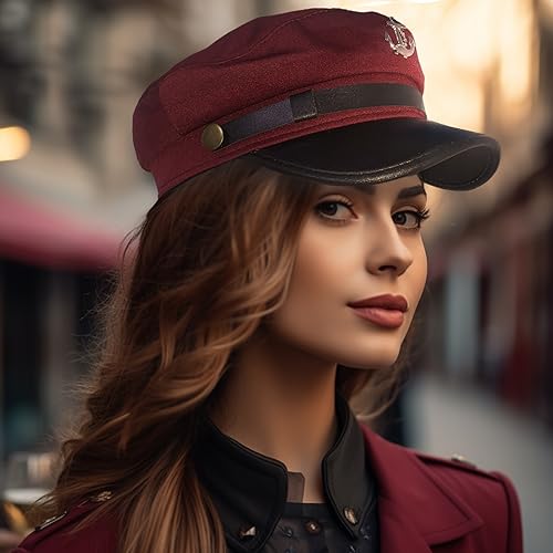 Image of Men's Yacht Captain Skipper Anchor Hat with Sailor Scarf, Newsboy Cap Hat Cabbie Paperboy Beret Cap (Wine Red)