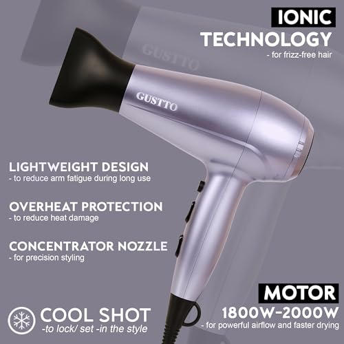 Image of Hair Dryer for Women | Fast Drying, Low Heat Damage, Smooth & Frizz-Free Hair | 1800-2000W Professional Blow Dryer with Cool Shot | Gustto Elevate (Lavender), BIS certified