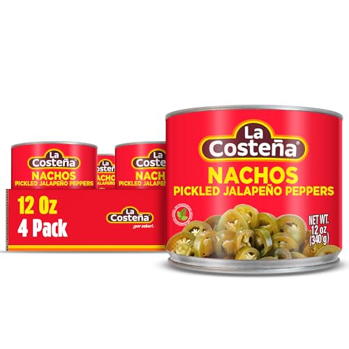 La Costeña Sliced Nacho Jalapeno Peppers - Pickled Jalapenos - Jalapeno Pepper - Hot Peppers - Mexican Food, Guacamole, Spicy Nacho & Taco Toppings, Enchiladas & Salsa - 12oz, 4 Pack Canned Jalapenos