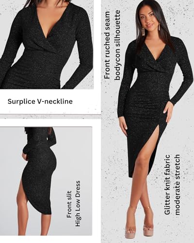Image of ADDYVERO V-Neck Long Sleeve Lurex Gliter Solid Front Slit Front Ruched Seam Bodycon Above Knee Length Women Dress