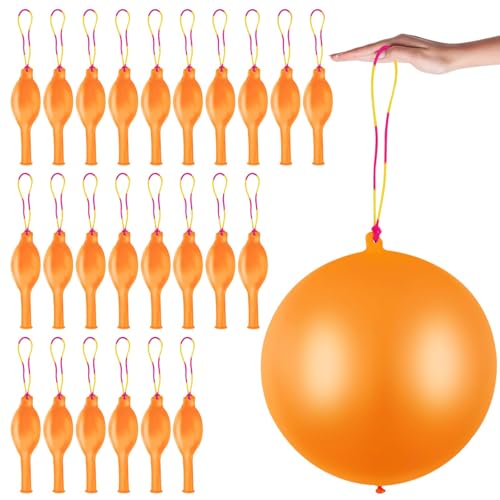 24 Pcs Orange Punch Balloons Bounce with Rubber Band Handle Punching Balloon Heavy Duty for Birthday party favors, Kids (Orange)