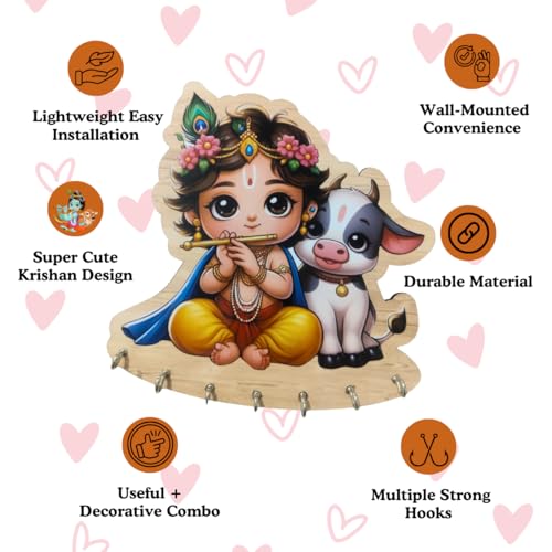 Image of Krishna Key Holder for Wall - Baby Krishna with Cow Key Stand with 7 Hooks - Wooden Wall Mounted Key Hanger for Home Decor - 7x9 Inch - No Drill Installation
