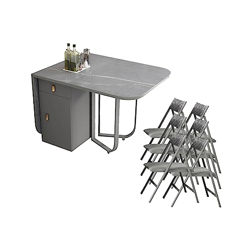 LSHTAR Juego de Mesa de Comedor Minimalista con losa de Roca, Mesa de Comedor Plegable y combinación de 6 sillas para el hogar, Mesa retráctil para apartamento pequeño
