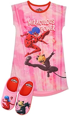 Miraculous Ladybug Pajamas for Girls Nightgown and Slipper Set, Short Sleeve Dorm Shirt, Red/Pink, Size 7/8