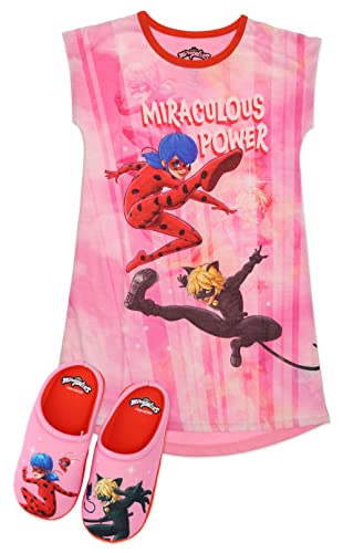 Miraculous Ladybug Pajamas For Girls Nightgown And Slipper Set, Short Sleeve Dorm Shirt, Red/Pink, Size 7/8 #TOP13