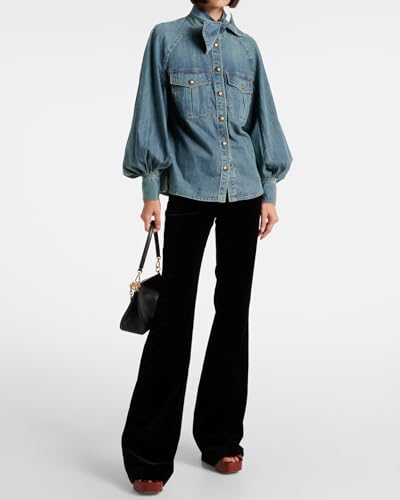 Women's Bow Denim Shirt Button Down High Neck Puff Sleeve Demin Jacket3