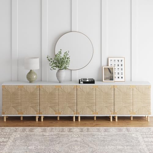 Image of Nathan James Beacon Accent Natural Sideboard Storage Cabinet TV Stand with Adjustable Interior Shelf and Seagrass Doors, for Hallway, Entryway or Dining Room, Light Brown /White, Set of 4