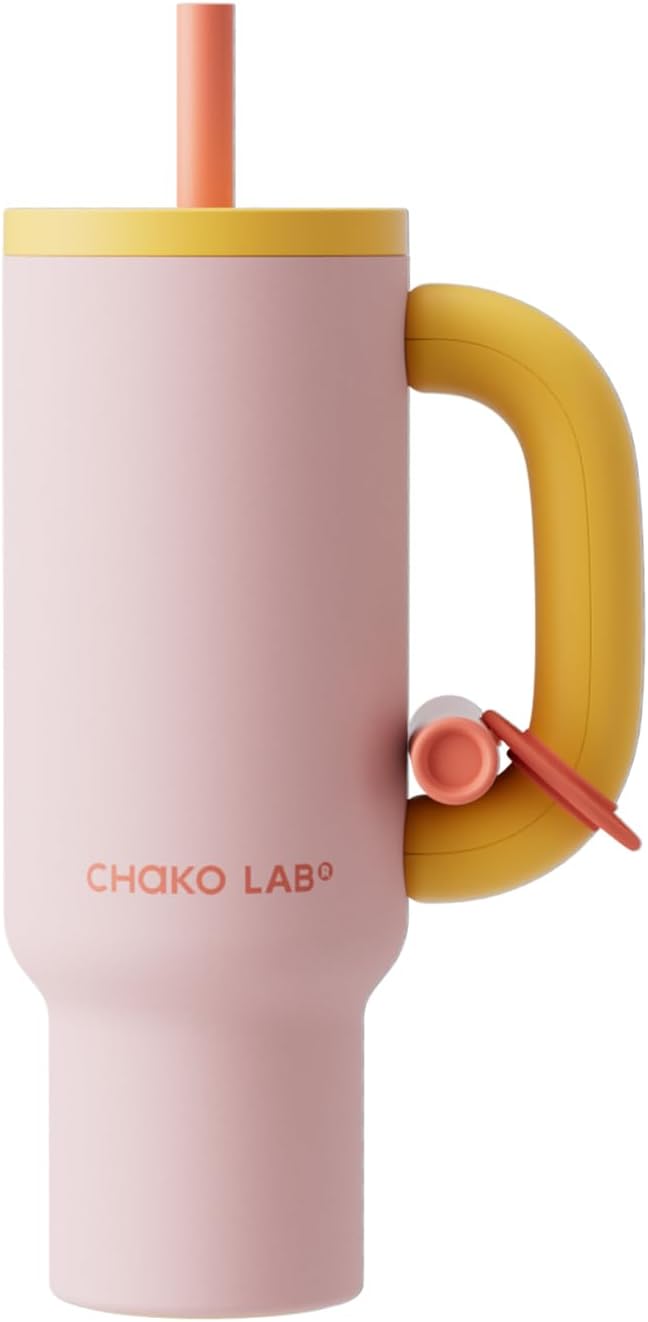 CHAKO LAB BaWang Insulated Stainless Steel Tumbler | Tumbler with Handle and Straw 33oz | Cup Holder Friendly for Travel | Leakproof Water Bottle | BPA-Free | Ceramic liner| pink&yellow