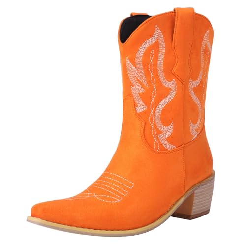 Cozivwaiy Classic Cowboy Booties Embroidered Women Pointed Toe Ankle Boots Western Country Boots Pull on Block Heel Booties
