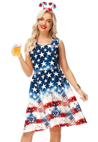 Image of Deerose 4th of July Dress for Women Sleeveless American Flag Patriotic Elastic High Waist Sundress