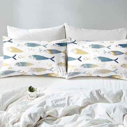 Image of jejeloiu Cartoon Fish Bed Sheets Set Full Size Marine Theme Bed Set Ocean Sea Animal Deep Pocket Fitted Sheet Breathable Soft Lightweight Microfiber
