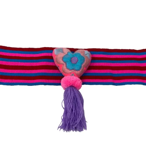 Mexican Embroidered Belt with Striped Pattern, Heart Applique and Purple Tassel, Traditional Handmade Sash4