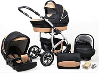 Lux4Kids Kinderwagen 3 in 1 Kombi Komplettset mit Autositz Isofix 2in1 Babywanne Babyschale Buggy Buggy Baby Larmax Schwarz & Beige 3in1 mit Babyschale