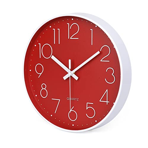 Image of jomparis Red Wall Clock 12 Inch Silent Non-Ticking Battery Operated Quality Quartz Round Wall Clock Modern Decor Clock for Home Bedroom