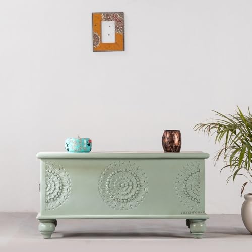 Image of Rafi Wooden Trunk Box for Storage | Solid Wood Coffee Table for Living Room | Center Coffee Table with Storage | Front Wooden Carved Sandook Pitara for Home Decor & Bedroom (Green Ela)