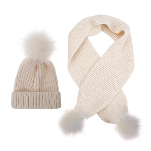 WEISUYUUS Kids Knitted Bonnet and Scarf Set with Plush Decors for 2 to 6 Year Boys Girls Solid Color Warm Hat & Long Muffler