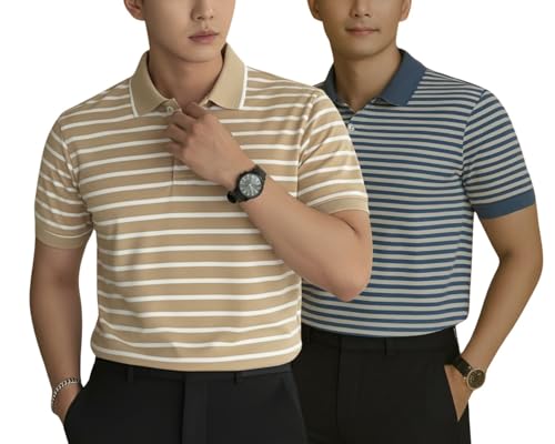 Image of MACK JONNEY Men's Cotton Polo T-Shirt | Regular Fit | Short Sleeve | Striped Casual Wear | Pack of 2 -MJ-1