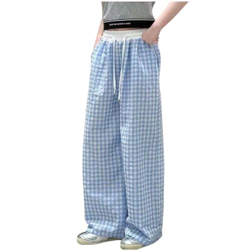 Girls Patchwork Plaid Summer Pants Casual Elastic Waist Loose Straight Leg Trousers with Pockets for 4-13 Years