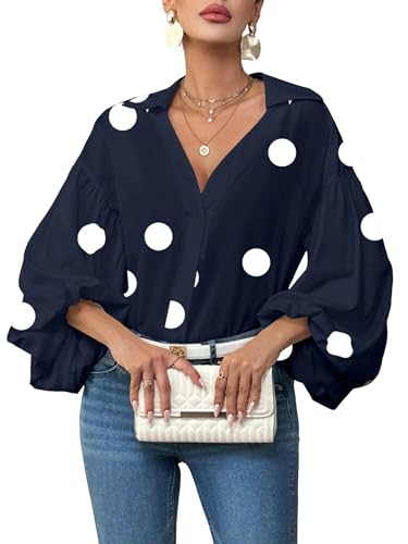Haut ample à manches longues au motif pois français et col semi-ouvert unique