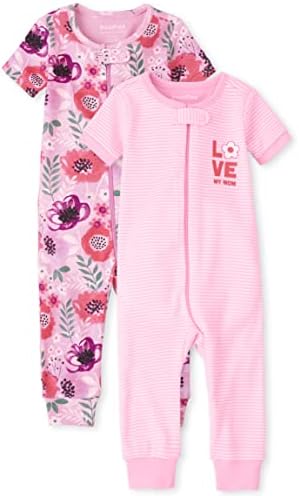The Children's Place Baby Toddler Girls Snug Fit 100% Cotton Zip-Front One Piece Footed Pajama, Love Mom/Floral 2-Pack, 12-18 Months