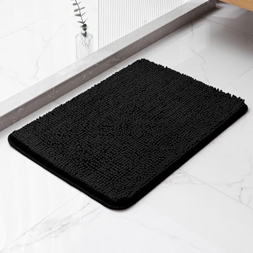 Kildoss Black Bathroom Rug 17x24 - Plush Chenille Non-Slip Bath Mat - Absorbent Washable Soft and Thick Decor for Shower Sink Kitchen Tub Home Accessories
