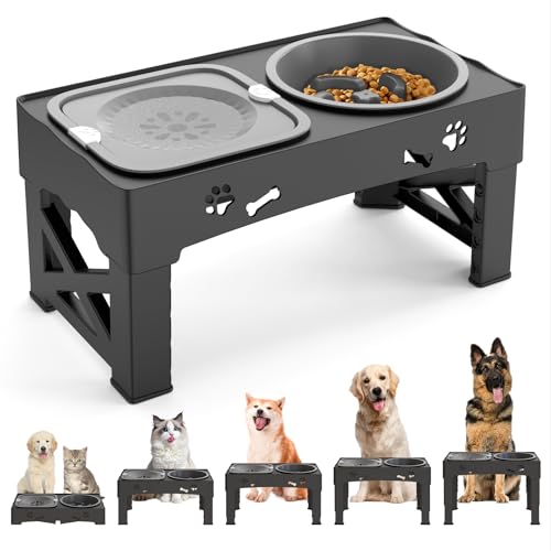 Raised Dog Bowls,5 Height Adjustable Elevated Dog Bowl Stand (8.2cm/22cm/25cm/28cm/31cm) for Small Medium Large Dogs,Tool-Free Raised Dog Feeder with Slow Feeder & No Spill Water Bowl