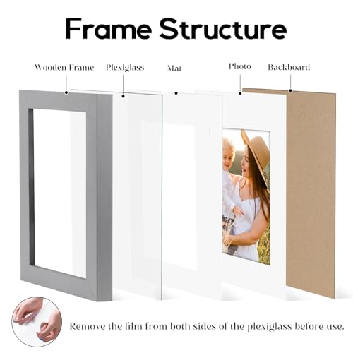 Image of 8x10 Picture Frames 6 Pack, Mat for 5x7 Photos, Shatter HD Plexiglass | Removable mat fits two photo sizes, slim frame with stand for horizontal & vertical tabletop & wall mount