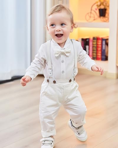 Image of nilikastta Baby Boy Wedding Outfits Infant Baby Boy Clothes Suit Dress Shirts /Suspender Pants /Bowtie /Beret Hat 0-18M