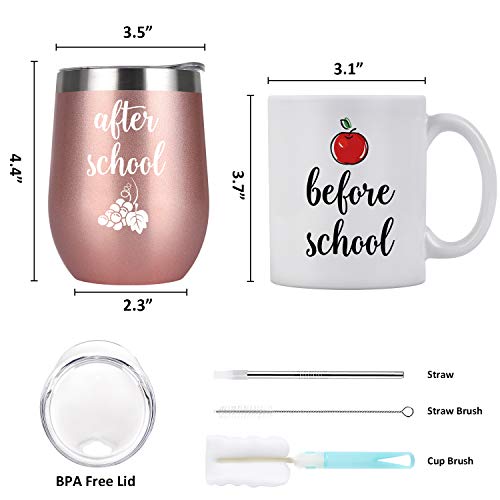 Qtencas Before School After School Teacher Coffee Mug And Wine Tumbler Set, Funny Idea For Teachers, Teacher Appreciation From Students, 12 Oz Insulated Stainless Steel Tumbler 11 Oz Coffee Mug #TOP5