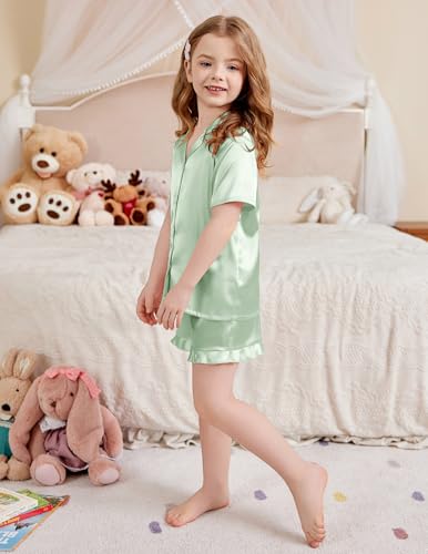 Image of Arshiner Girls Pajamas Silk Satin Pajama Set Button Pjs Ruffle Sleepwear