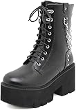 AnsNam Womens Platform Goth Patent Ankle Boots Platform Chunky High Heel Lace Up Combat Boots Punk Short Blackbooties