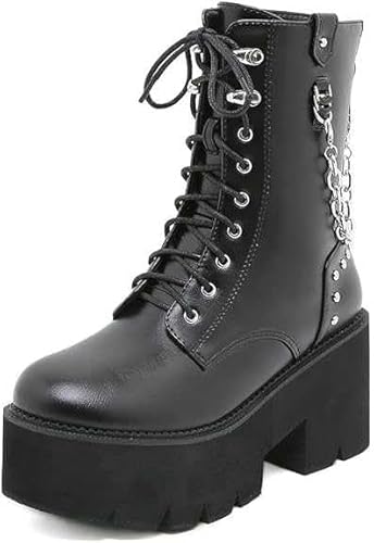 AnsNam Womens Platform Goth Patent Ankle Boots Platform Chunky High Heel Lace Up Combat Boots Punk Short Blackbooties