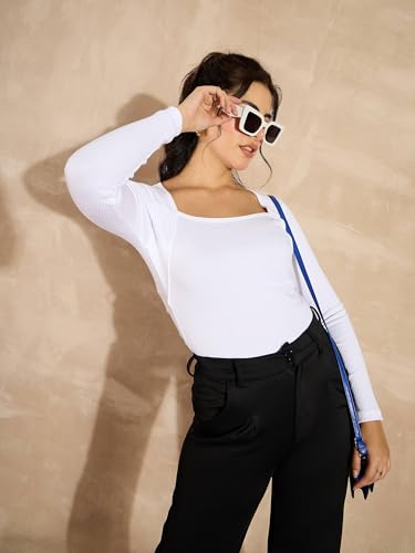 Image of SASSAFRAS Women's Slim Fit Full Sleeves Rib Square Neck Ribbed Basics - Casual Ribbed T-Shirt Tops