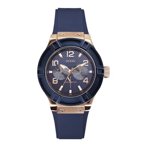GUESS Women's Rose Gold-Tone Dial with Iconic Blue Stain Resistant Silicone Strap (Model: U0571L1)