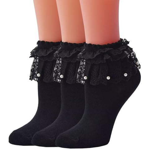 Women Ruffle Socks, Soft Comfortable Lace Frilly Fashion Princess Socks with Pearls 3 Pairs