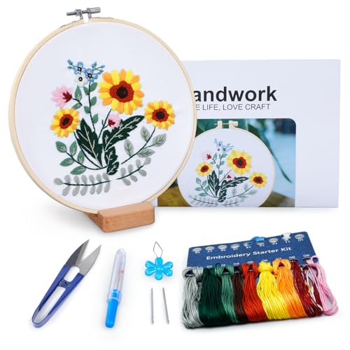 Image of BERYA Embroidery Kit for Beginners, Flowers and Leaves Embroidery Practice Kit, Hand Floral Embroidery Starter Kit for Adults with Video Step by Step Instructions, Hoops, Threads and Needles (BEF012)