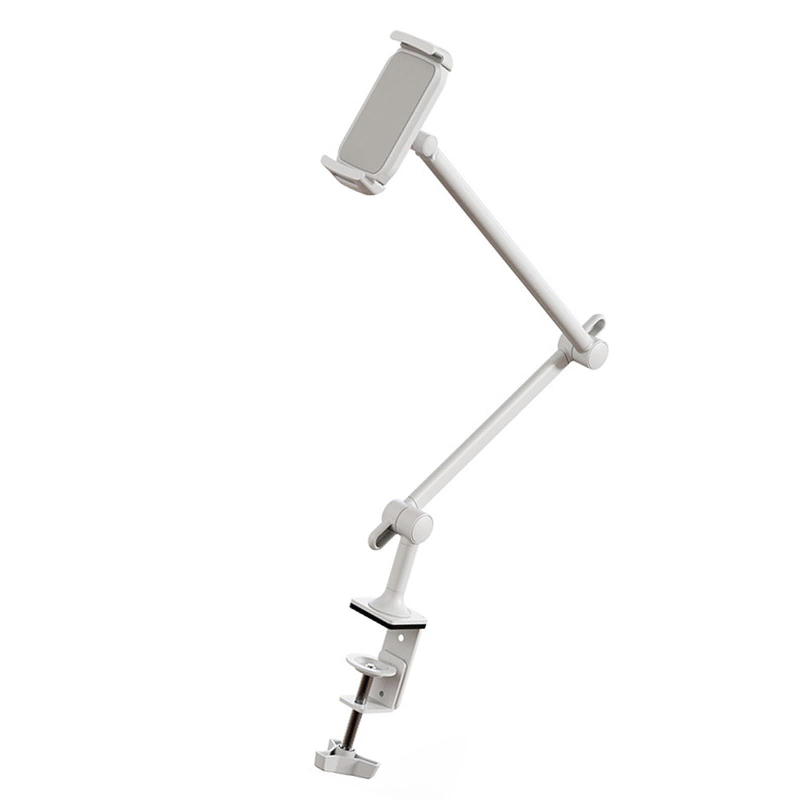 Soporte para tabletas de múltiples posiciones, base de metal resistente, dos brazos articulados para transmitir videollamadas, soporte ajustable para tabletas con abrazadera de mesa