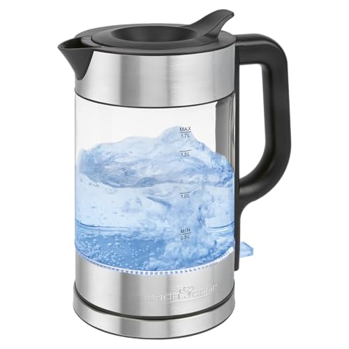 Bouilloire ProfiCook en verre | 1,7 l | 2200 W | éclairée | sans BPA | utilisation d'une seule main | socle 360° | enrouleur de câble | boîtier en acier inoxydable | PC WK 1322 acier inoxydable